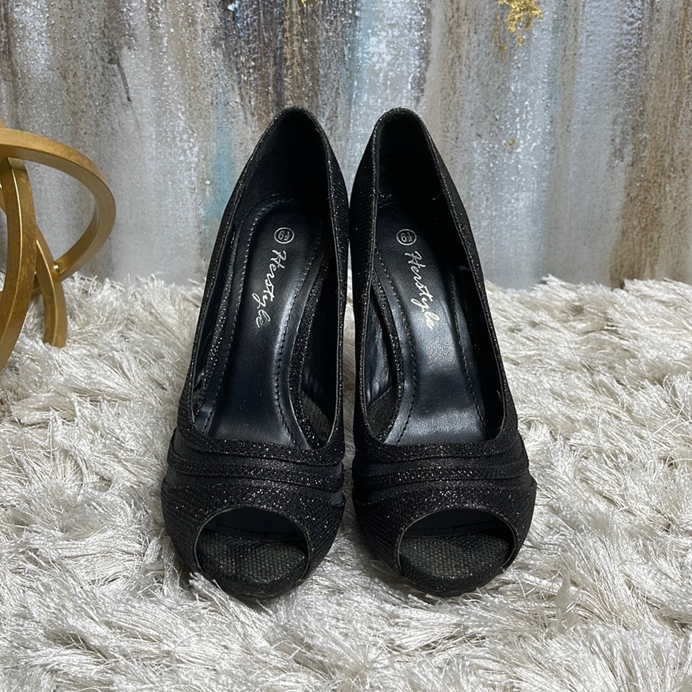 Herstyle Shimmering Black Sparkle Peep Toe Stiletto Heel